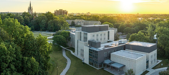 Aerial shot of Talbot College and Music Building at sunrise