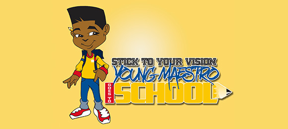 Illustration of a young Wes Williams. Descriptive text: Stick to your vision. Young Maestro goes to school.