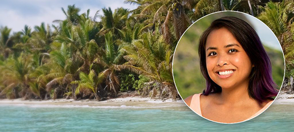 A head shot of Erika Casupanan overlaid on top of a tropical beach photo