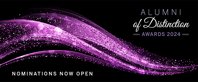 Black background with purple glitter swirling across reading Alumni of Distinction nominations open Dec 1, 2023