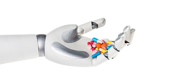 A robotic hand holding multi-coloured pills in its palm