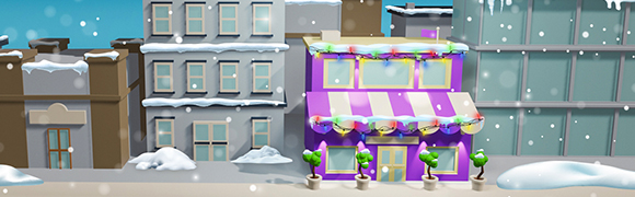 animated snowy storefront, one store is purple with holiday lights around it