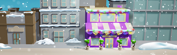 A purple business with holiday lights and snow. 